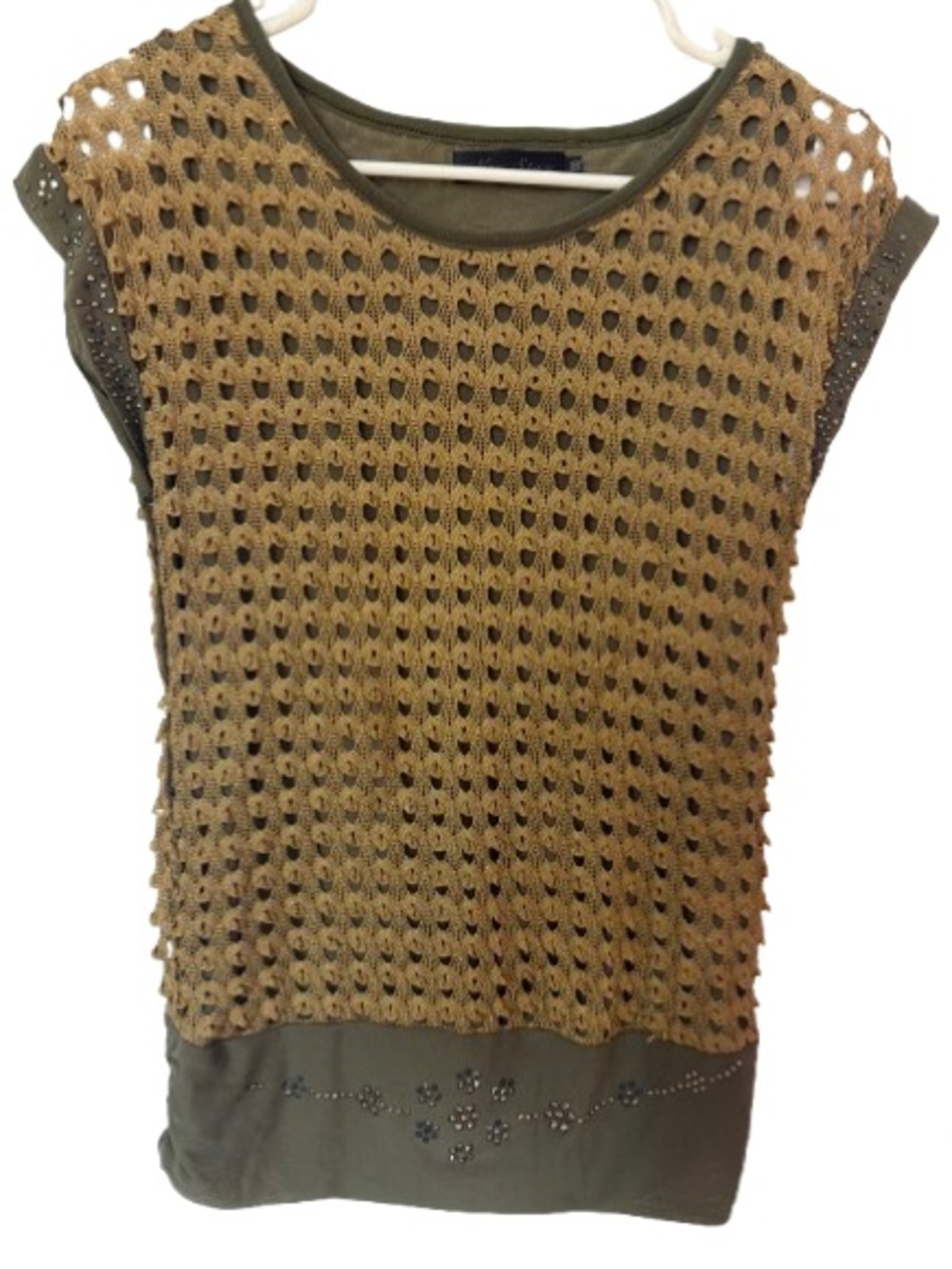 Vintage New Star Women’s Olive Green Embellished Crochet Overlay Tank Top  XXL